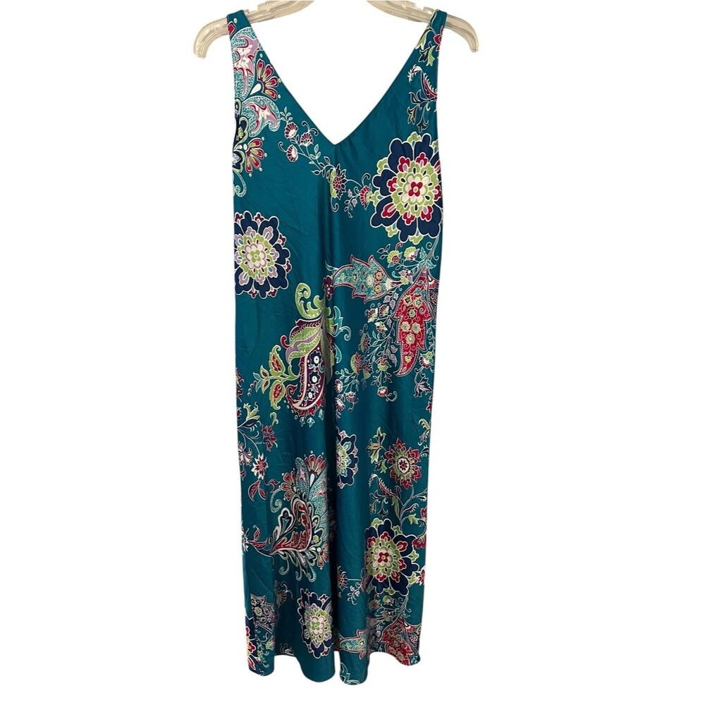 NATORI Empress Satin Slip Dress Blue Floral Medium